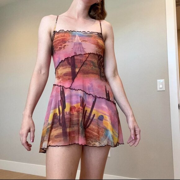 Urban Outfitters Moxie Cactus Desert Mesh Mini Dress Size Small - Picture 4 of 6